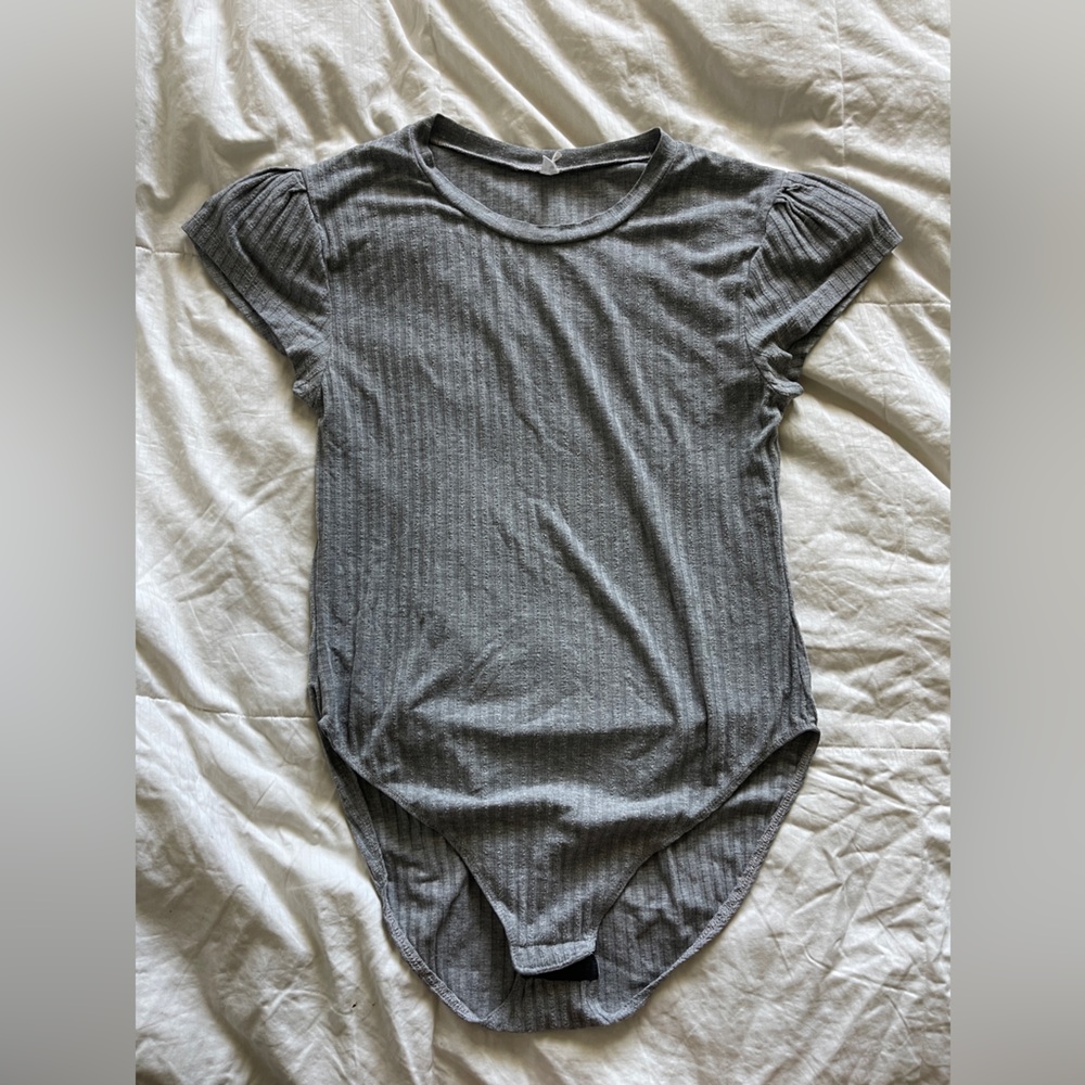 Grey Ribbed Bodysuit with Padded Shoulders